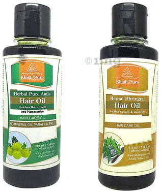 Khadi Pure Combo Pack of Herbal Ayurvedic Bhringraj Hair Oil & Herbal Pure Amla Hair Oil No Mineral Oil & Paraffin Free (210ml Each) combo pack of 2 bottles