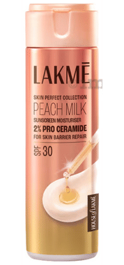 Lakme Skin Perfect Collection Peach Milk Sunscreen Moisturiser SPF 30 bottle of 200 ml moisturiser