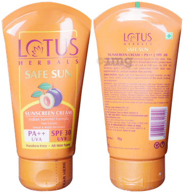 Lotus Herbals Safe Sunscreen PA++ Cream SPF 30 tube of 50 gm cream