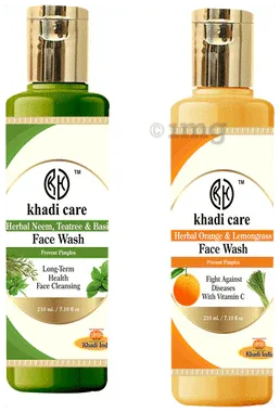 Khadi Care Combo Pack of Herbal Neem ,Teatree and Basil & Herbal Orange and Lemongrass Face Wash (210 ml Each) combo pack of 2 bottles