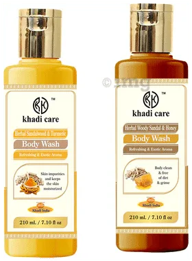 Khadi Care Combo Pack of Herbal Sandalwood and Turmeric & Herbal Woody Sandal and Honey Body Wash (210ml Each) combo pack of 2 bottles