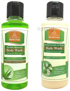 Khadi Pure Combo Pack of Herbal Jasmine & Mogra Body Wash & Herbal Aloevera Body Wash SLS Free & Paraben Free (210ml Each) combo pack of 2 bottles