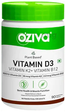 Oziva Plant Based Vitamin D3 Vitamin k2+ Vitamin B12 Vegetarian Tablet jar of 90 tablets