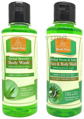 Khadi Pure Combo Pack of Herbal Aloevera Body Wash and Herbal Neem & Tulsi Face & Body Wash SLS & Paraben Free (210ml Each) combo pack of 2 bottles