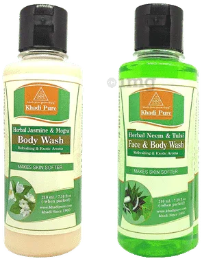 Khadi Pure Combo Pack of Herbal Jasmine & Mogra Body Wash & Herbal Neem & Tulsi Face & Body Wash (210ml Each) combo pack of 2 bottles