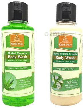 Khadi Pure Combo Pack of Herbal Aloevera Body Wash and Herbal Jasmine & Mogra Body Wash (210ml Each) combo pack of 2 bottles
