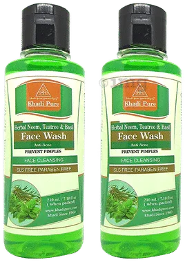 Khadi Pure Herbal Neem, Teatree & Basil Face Wash (210ml Each) SLS & Paraben Free combo pack of 2 bottles