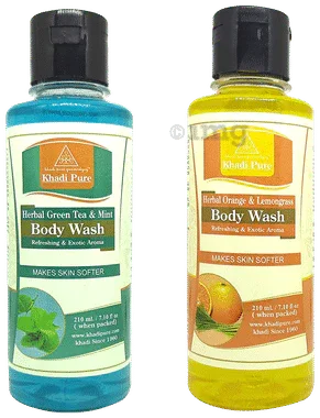 Khadi Pure Combo Pack of Herbal Green Tea & Mint Body Wash & Herbal Orange & Lemongrass Body Wash (210ml Each) combo pack of 2 bottles
