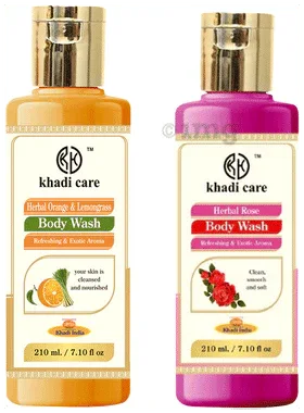 Khadi Care Combo Pack of Herbal Orange and Lemongrass & Herbal Rose Body Wash (210ml Each) combo pack of 2 bottles