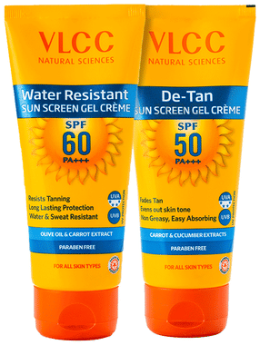 VLCC Combo Pack of De Tan SPF 50 Sunscreen Gel Creme & Water Resistant SPF 60 Sunscreen Gel Creme (125gm Each) combo pack of 2 units