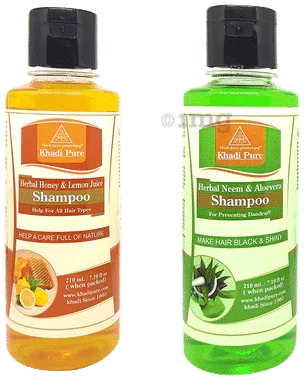 Khadi Pure Combo Pack of Herbal Honey & Lemon Juice Shampoo & Herbal Neem & Aloevera Shampoo (210ml Each) combo pack of 2 bottles