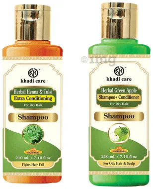 Khadi Care Combo Pack of Henna & Tulsi Extra Conditioning Shampoo & Green Apple Shampoo + Conditioner (210ml Each) combo pack of 2 bottles