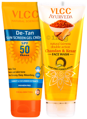 VLCC Combo Pack of De Tan Sun Screen Gel Crème SPF 50 PA+++ (100gm) & Ayurveda Chandan & Kesar Face Wash (100ml) combo pack of 2 tubes