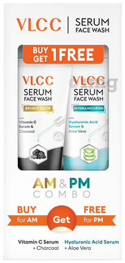 VLCC Bright Glow Charcoal & Hydra Nourish Aloevera Serum Face Wash AM & PM Combo box of 1 kit