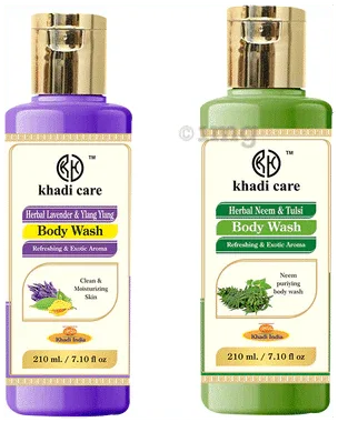 Khadi Care Combo Pack of Herbal Lavender and Ylang Ylang & Herbal Neem and Tulsi Body Wash (210ml Each) combo pack of 2 bottles