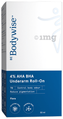 Be Bodywise 4% AHA BHA Underarm Roll On | Controls Odour | Reduces Pigmentation | 0% Alcohol Flora roll-on bottle of 50 ml liquid