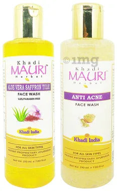 Khadi Mauri Herbal Combo Pack of Aloevera Saffron Tulsi & Anti Acne Face Wash (210ml Each) combo pack of 2 bottles