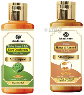 Khadi Care Combo Pack of Henna & Tulsi Extra Conditioning Shampoo & Honey & Almond Shampoo (210ml Each) combo pack of 2 bottles
