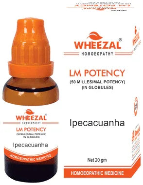 Wheezal Ipecacuanha Globules 0/22 LM bottle of 20 gm globules
