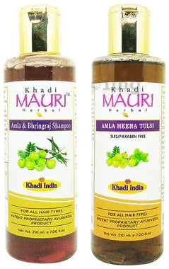 Khadi Mauri Herbal Combo Pack of Amla Bhringraj & Amla Henna Tulsi Shampoo (210ml Each) combo pack of 2 bottles