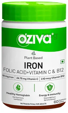 Oziva Plant Based Iron Folic Acid+ Vitamin C & B12 Vegetarian Tablet jar of 60 tablets