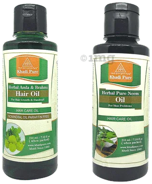 Khadi Pure Combo Pack of Herbal Pure Neem Hair Oil & Herbal Amla & Brahmi Hair Oil (210ml Each) combo pack of 2 bottles