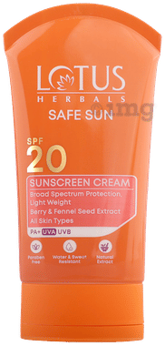 Lotus Herbals Safe Sun Sunscreen Cream SPF 20 PA+ Paraben Free tube of 50 gm cream