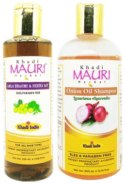 Khadi Mauri Herbal Amla Brahmi Heena Sat (210ml) & Onion Shampoo (300ml) combo pack of 2 bottles
