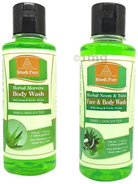Khadi Pure Combo Pack of Aloevera Body Wash and Herbal Neem & Tulsi Face & Body Wash (210ml Each) combo pack of 2 bottles