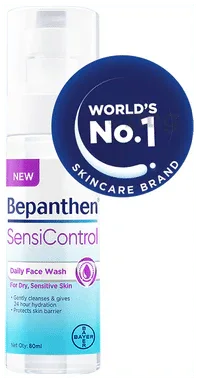 Bepanthen Sensi Control Daily Face Wash | Hydrating Cleanser | Moisturizes, Protects Skin Barrier | Worlds No.1 Skincare Brand | For Dry to Normal, Sensitive Skin pump bottle of 80 ml face wash