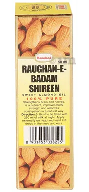 Hamdard Roghan Badam Shirin Pure Almond Oil | Eases Constipation & Supports Skin, Hair & Brain Health bottle of 50 ml oil