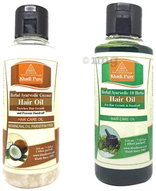 Khadi Pure Combo Pack of Herbal Ayurvedic 18 Herbs Hair Oil & Herbal Ayurvedic Coconut Hair Oil (210ml Each) combo pack of 2 bottles