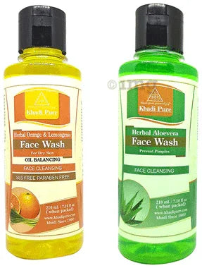 Khadi Pure Combo Pack of Herbal Orange & Lemongrass Facewash & Herbal Aloevera Facewash (210ml Each) combo pack of 2 bottles