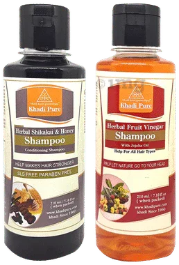 Khadi Pure Combo Pack of Herbal Shikakai & Honey Shampoo SLS & Paraben Free & Herbal Fruit Vinegar Shampoo (210ml Each) combo pack of 2 bottles