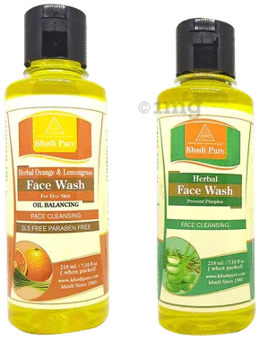 Khadi Pure Combo Pack of Herbal Face Wash and Herbal Orange, Lemongrass Face Wash (210ml Each) combo pack of 2 bottles
