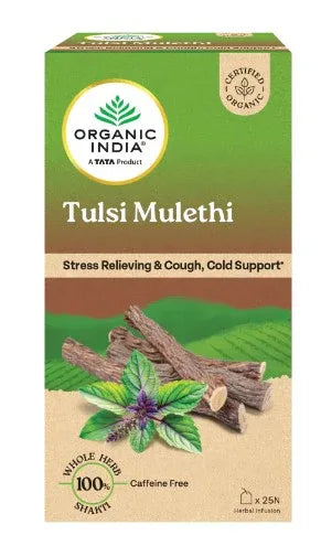 Organic India Tulsi Mulethi 25 Tea Bags – Cough & Cold Relief, Immunity Booster